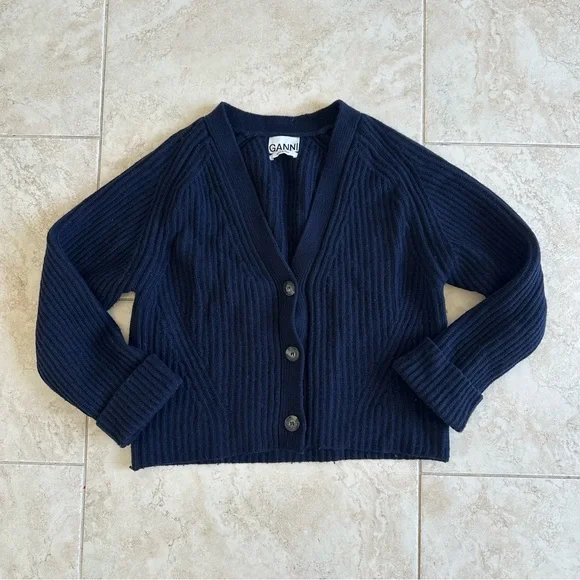 GANNI Cropped Navy Wool Blend Sweater Cardigan Size Medium - Picture 2 of 9